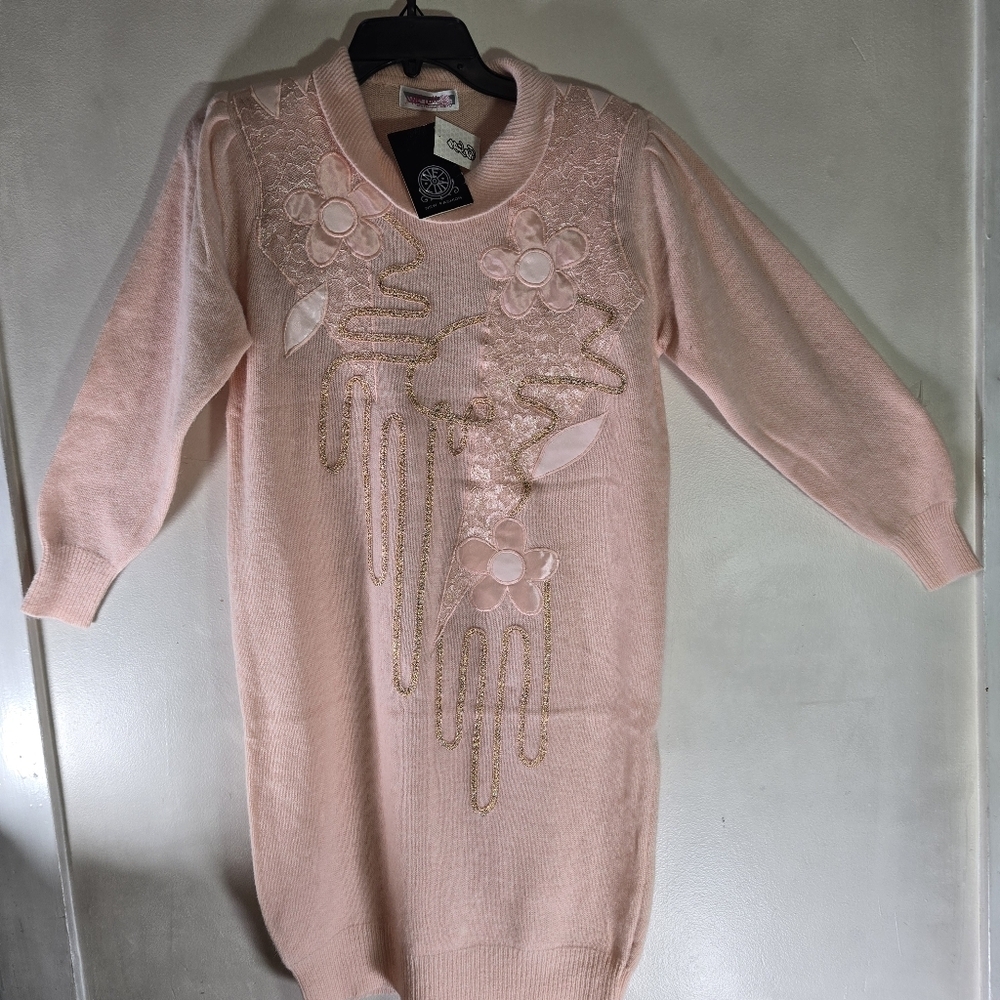 Pink Knit Dress with Floral Embellishments